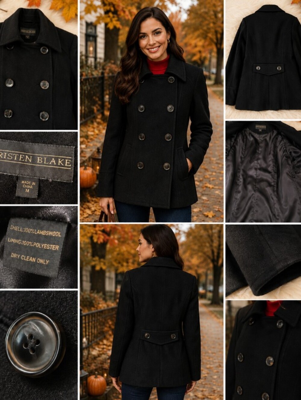kristen blake 100% lambswool black double breasted peacoat m